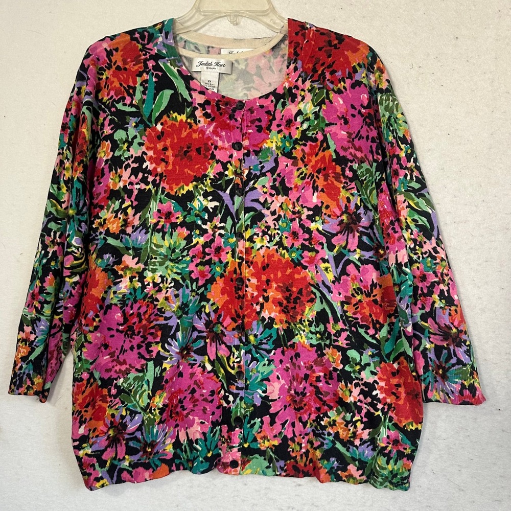 Judith Hart Woman Silk Blend Floral Cardigan Twin Set Pink Red Plus 2X